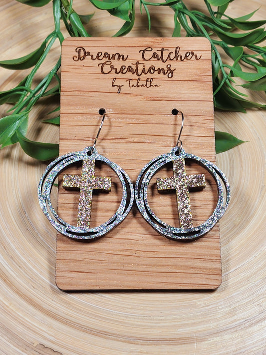 Circled Cross Wood Earrings