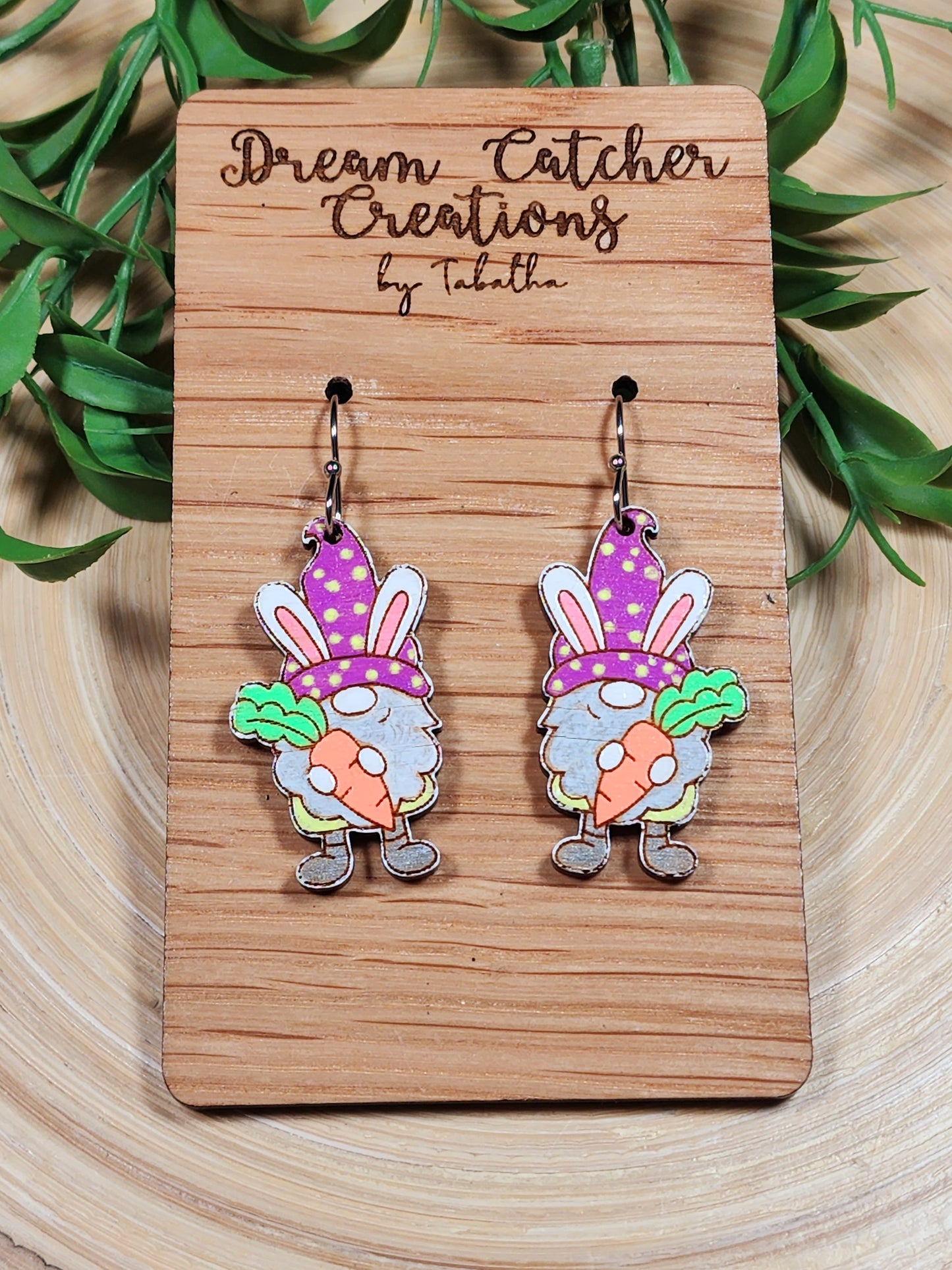 Easter Bunny Gnome Wood Earrings- with Carrot