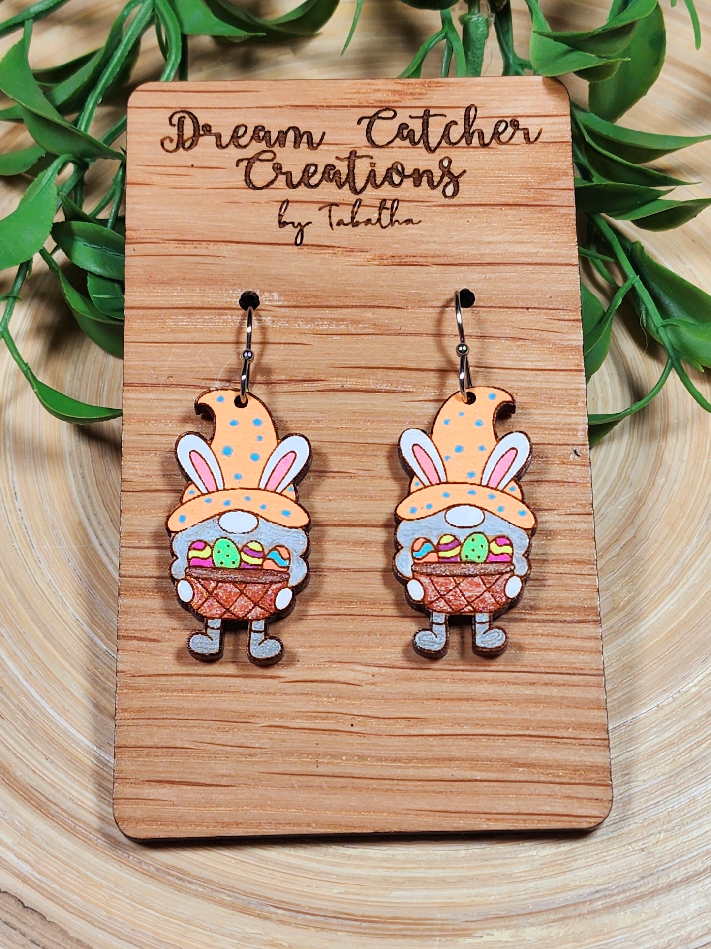 Easter Bunny Gnome Wood Earrings- Basket of Eggs