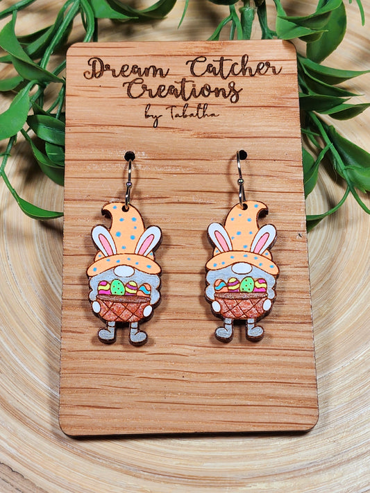 Easter Bunny Gnome Wood Earrings- Basket of Eggs