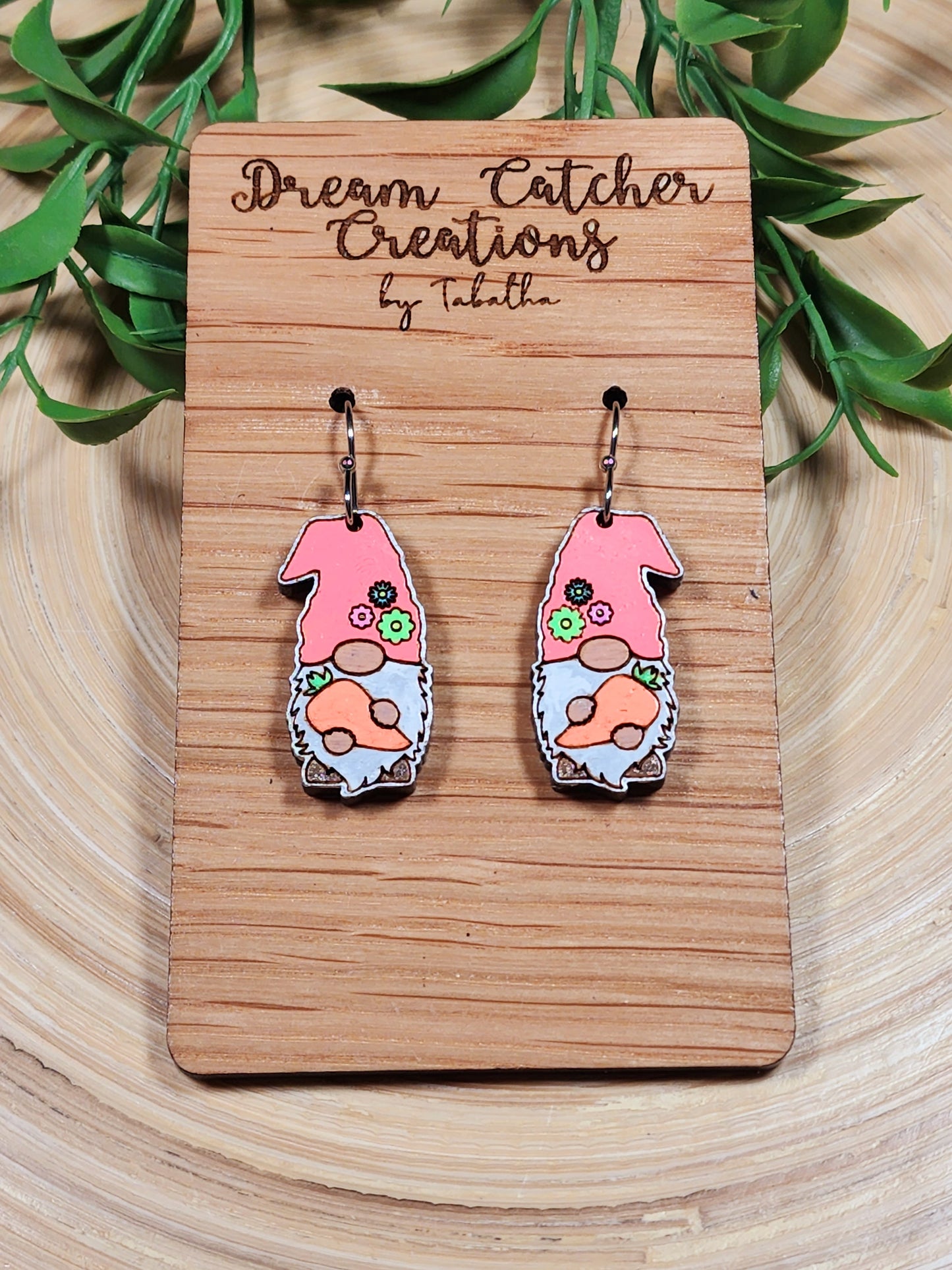 Easter Gnome Wood Earrings- Pink Hat & Carrot