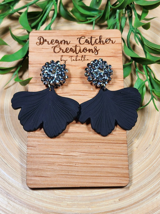 Ginko Leaves Acrylic Earrings- Black w/black Beaded Stud