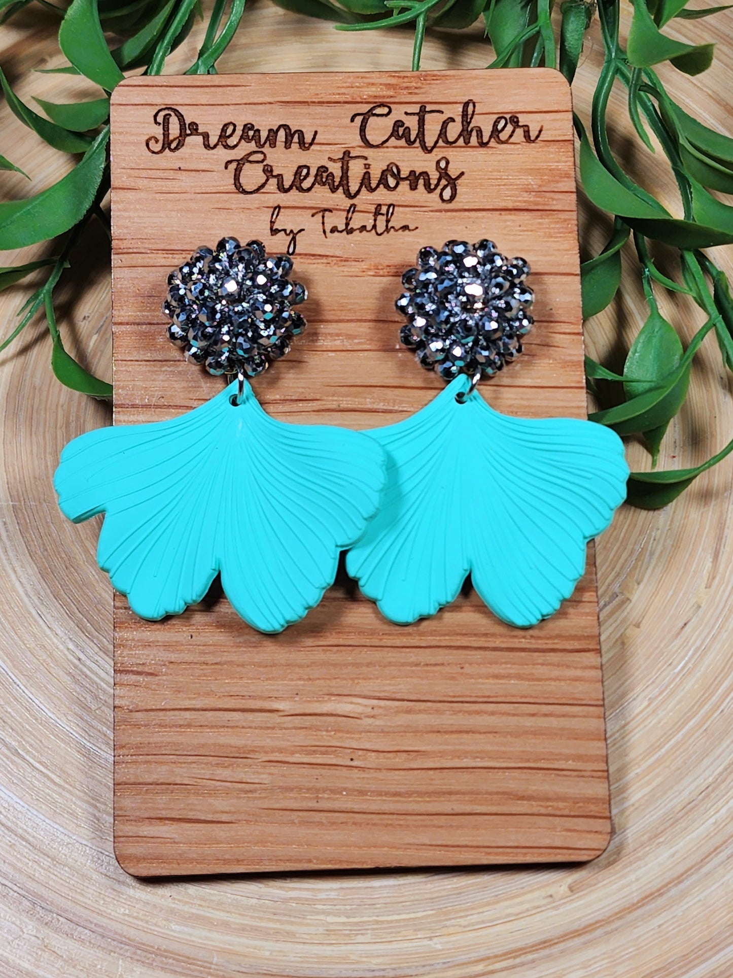 Ginko Leaves Acrylic Earrings- Turqoise w/Silver Beaded Stud