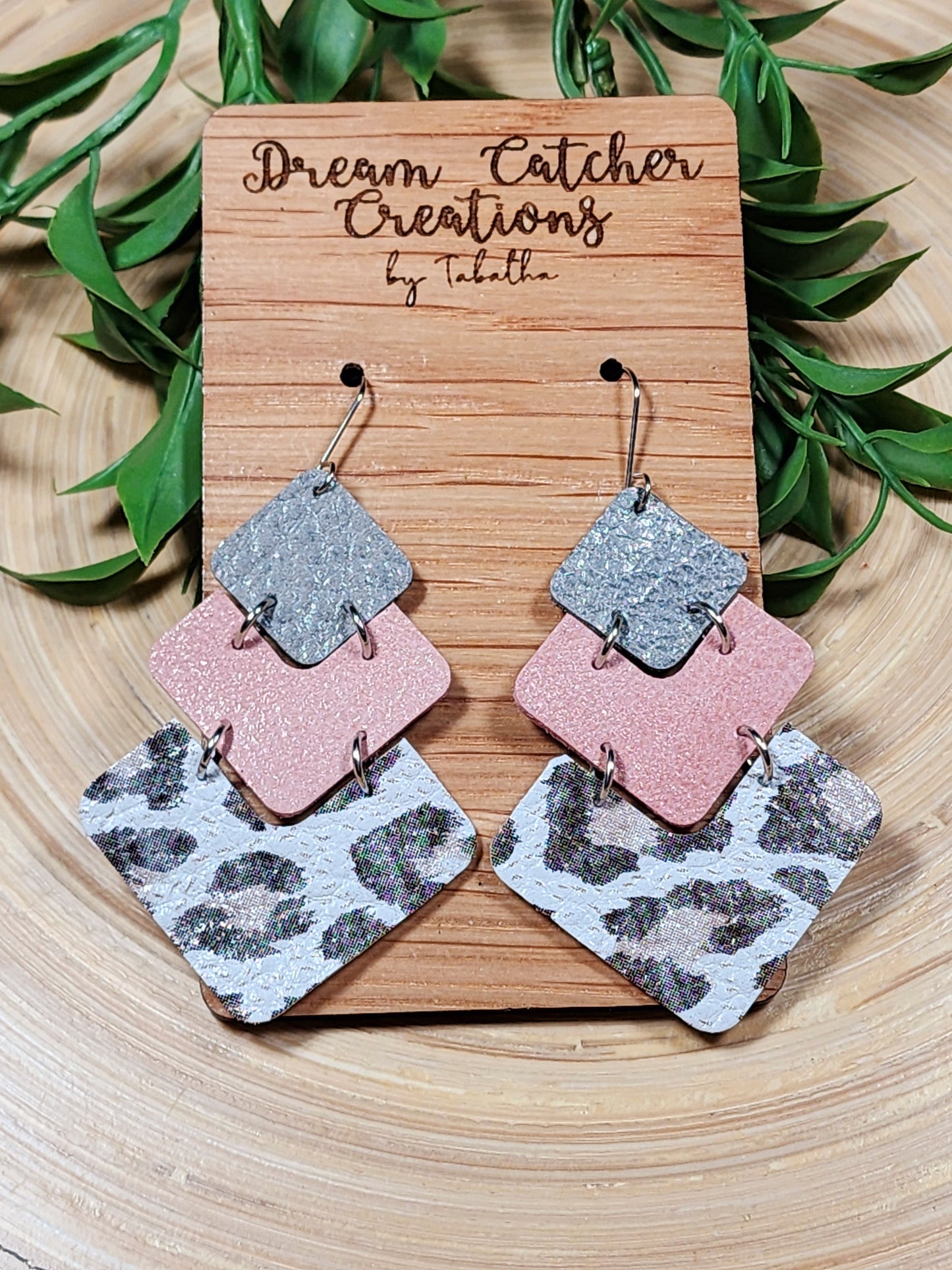 Chevron Leather Earrings- Pink & Grey Leopard