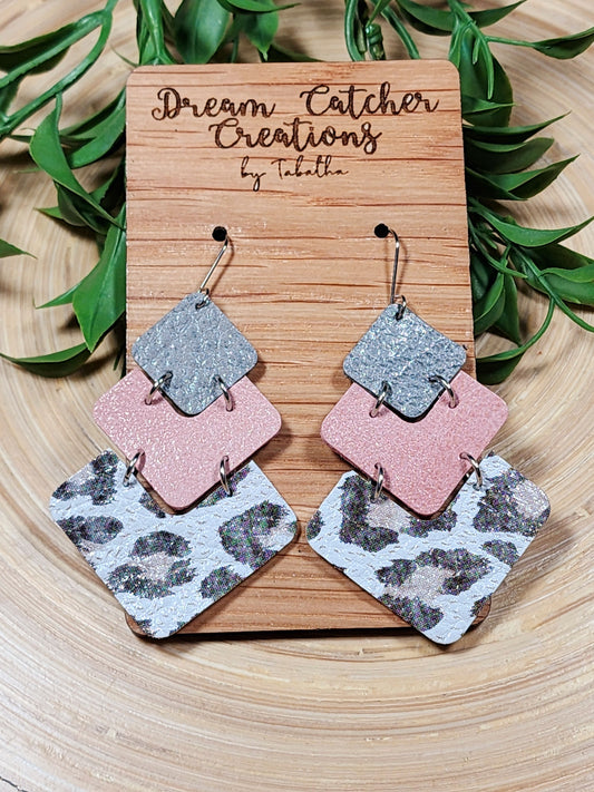 Chevron Leather Earrings- Pink & Grey Leopard